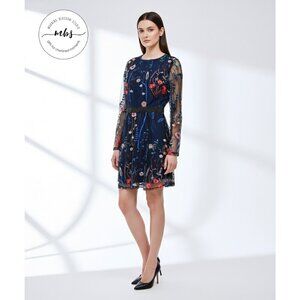 CBR Crew Floral Embroidered Sheer Sleeve Lined Mini Dress Blue Women M